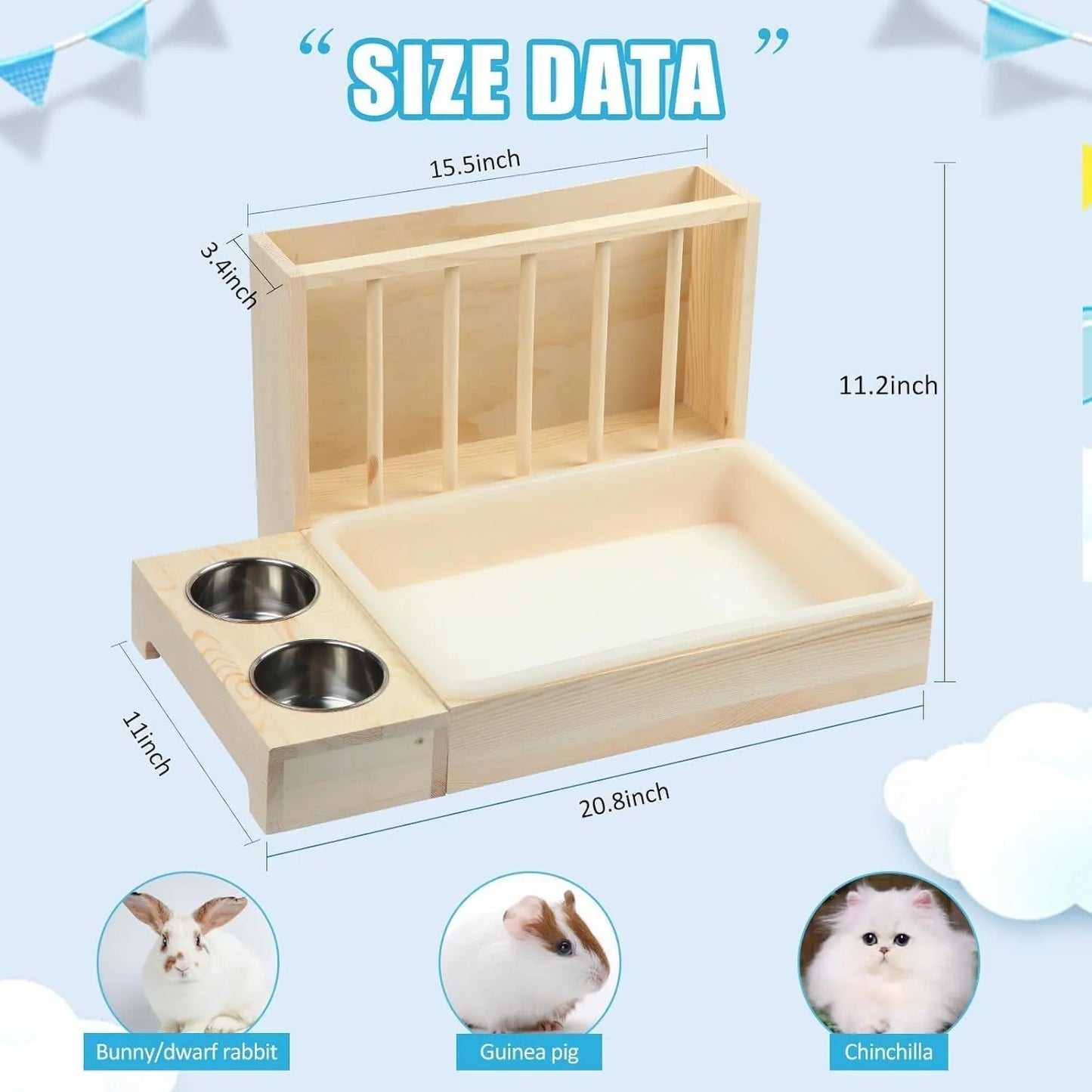 Wooden Rabbit Hay Feeder with 3-in-1 Litter Box and Bowls, Small Animal Rack for Guinea Pigs, Chinchillas, Hamsters, and Dwarf Rabbits - Wood Color - Image 2
