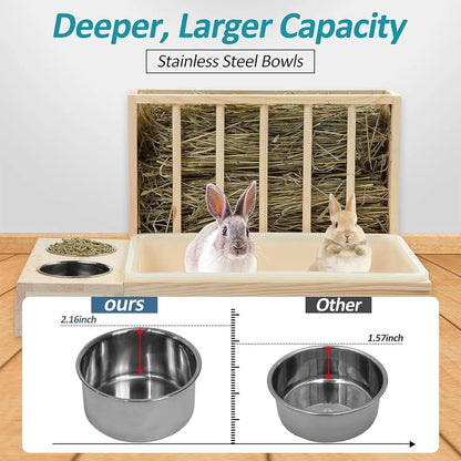 Wooden Rabbit Hay Feeder with 3-in-1 Litter Box and Bowls, Small Animal Rack for Guinea Pigs, Chinchillas, Hamsters, and Dwarf Rabbits - Wood Color - Image 4