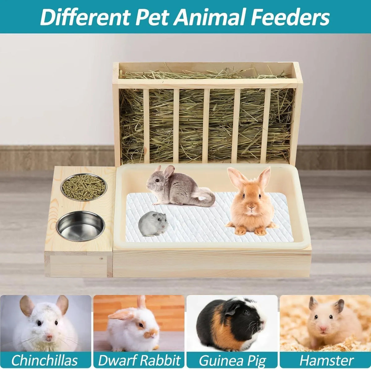 Wooden Rabbit Hay Feeder with 3-in-1 Litter Box and Bowls, Small Animal Rack for Guinea Pigs, Chinchillas, Hamsters, and Dwarf Rabbits - Wood Color - Image 6