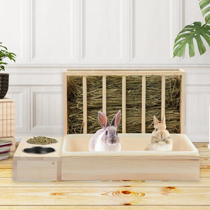Wooden Rabbit Hay Feeder with 3-in-1 Litter Box and Bowls, Small Animal Rack for Guinea Pigs, Chinchillas, Hamsters, and Dwarf Rabbits - Wood Color - Image 7