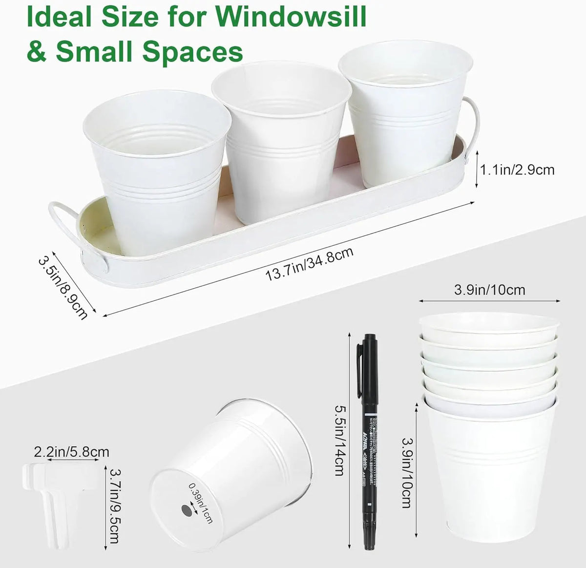 Herb Garden Planter Indoor Kit – 6 Metal Pots with 2 Trays for Windowsill & Kitchen Counter – Modern Decorative Indoor Planters for Herbs, Succulents & Small Plants, White - Image 3