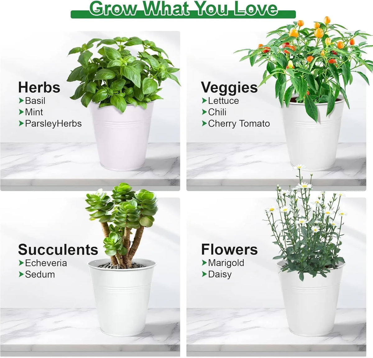 Herb Garden Planter Indoor Kit – 6 Metal Pots with 2 Trays for Windowsill & Kitchen Counter – Modern Decorative Indoor Planters for Herbs, Succulents & Small Plants, White - Image 7