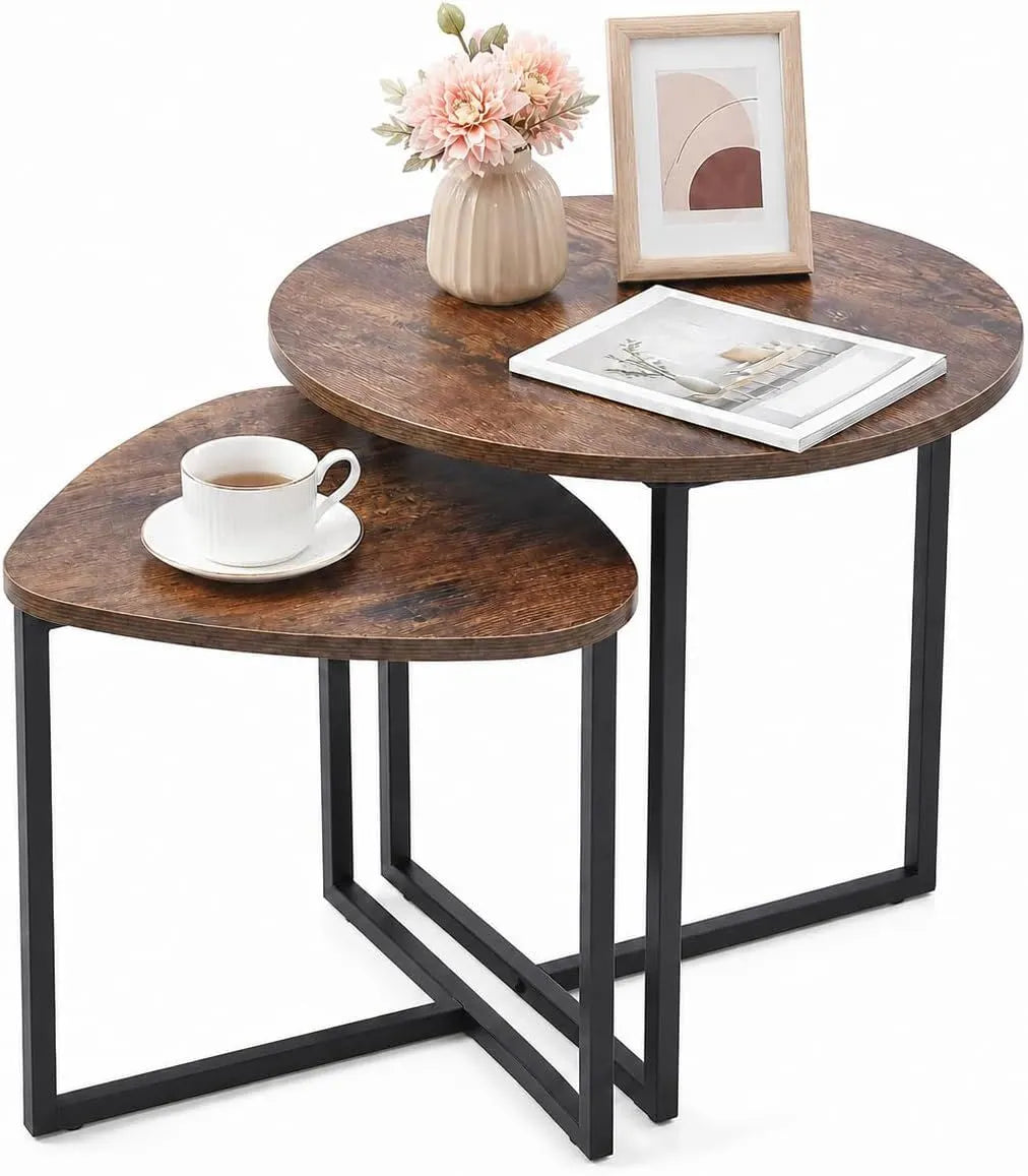 Nesting Side Tables Set of 2, Round End Tables with Rustic Brown Wood Look Top and Black Metal Frame, Space Saving Accent Coffee Tables for Living Room, Bedroom, Sofa Side, Bedside, Small Spaces