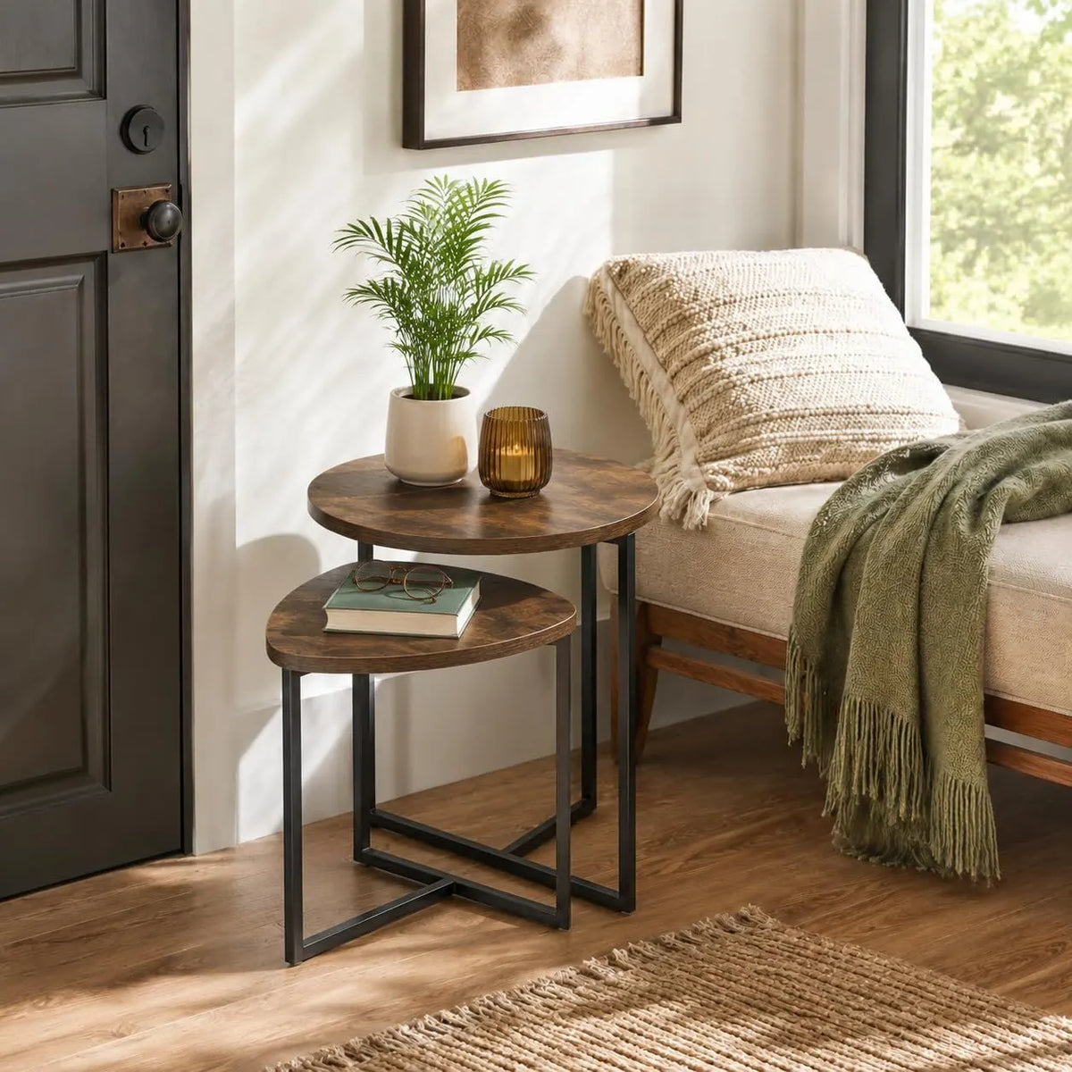 Nesting Side Tables Set of 2, Round End Tables with Rustic Brown Wood Look Top and Black Metal Frame, Space Saving Accent Coffee Tables for Living Room, Bedroom, Sofa Side, Bedside, Small Spaces - Image 2