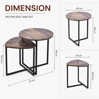 Nesting Side Tables Set of 2, Round End Tables with Rustic Brown Wood Look Top and Black Metal Frame, Space Saving Accent Coffee Tables for Living Room, Bedroom, Sofa Side, Bedside, Small Spaces - Image 3