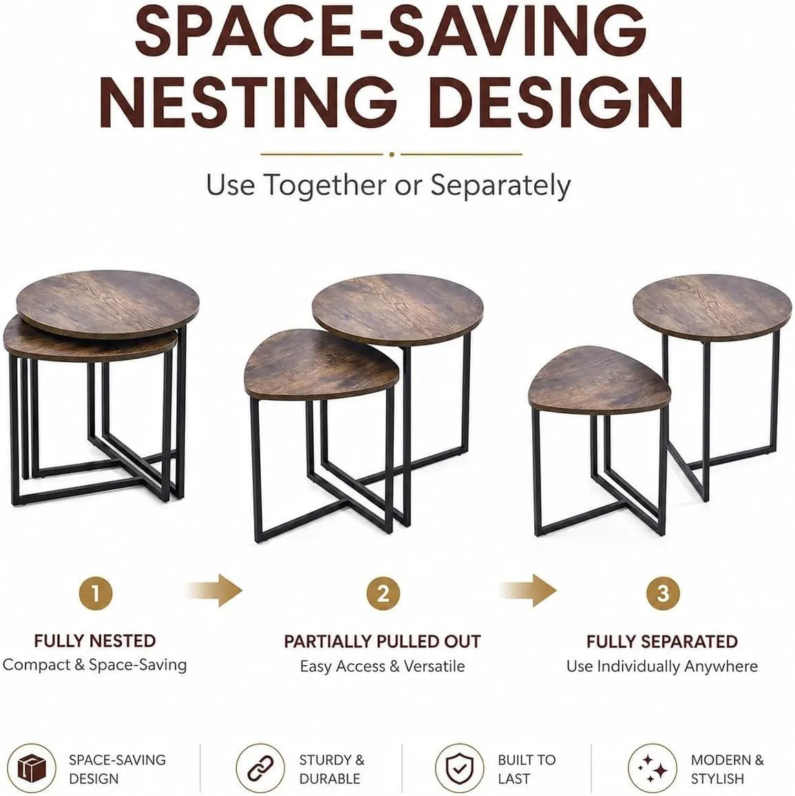 Nesting Side Tables Set of 2, Round End Tables with Rustic Brown Wood Look Top and Black Metal Frame, Space Saving Accent Coffee Tables for Living Room, Bedroom, Sofa Side, Bedside, Small Spaces - Image 4