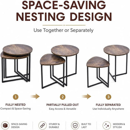 Nesting Side Tables Set of 2, Round End Tables with Rustic Brown Wood Look Top and Black Metal Frame, Space Saving Accent Coffee Tables for Living Room, Bedroom, Sofa Side, Bedside, Small Spaces - Image 4