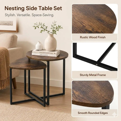 Nesting Side Tables Set of 2, Round End Tables with Rustic Brown Wood Look Top and Black Metal Frame, Space Saving Accent Coffee Tables for Living Room, Bedroom, Sofa Side, Bedside, Small Spaces - Image 5
