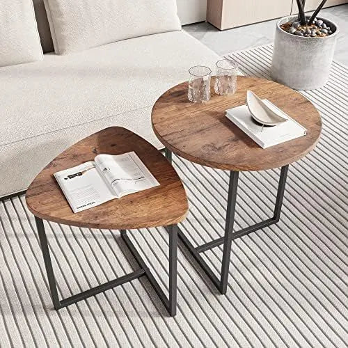 Nesting Side Tables Set of 2, Round End Tables with Rustic Brown Wood Look Top and Black Metal Frame, Space Saving Accent Coffee Tables for Living Room, Bedroom, Sofa Side, Bedside, Small Spaces - Image 6