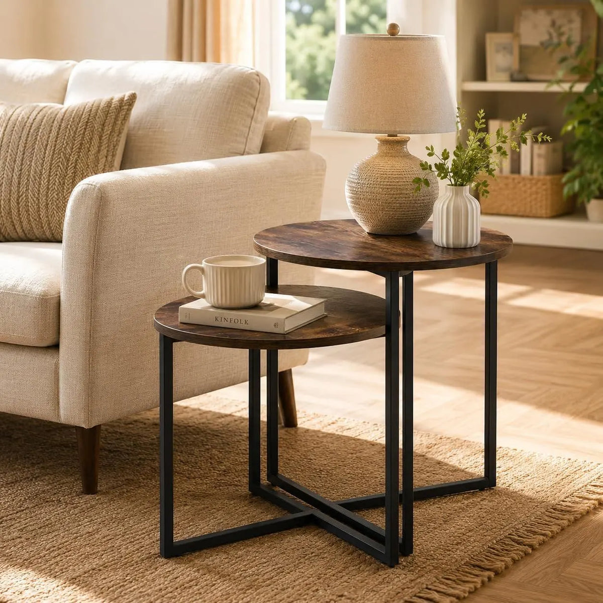 Nesting Side Tables Set of 2, Round End Tables with Rustic Brown Wood Look Top and Black Metal Frame, Space Saving Accent Coffee Tables for Living Room, Bedroom, Sofa Side, Bedside, Small Spaces - Image 7