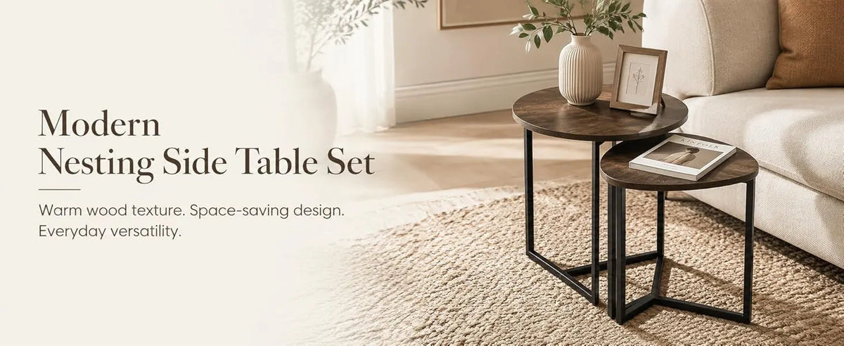 Nesting Side Tables Set of 2, Round End Tables with Rustic Brown Wood Look Top and Black Metal Frame, Space Saving Accent Coffee Tables for Living Room, Bedroom, Sofa Side, Bedside, Small Spaces - Image 8