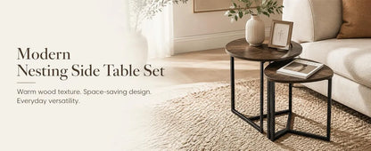 Nesting Side Tables Set of 2, Round End Tables with Rustic Brown Wood Look Top and Black Metal Frame, Space Saving Accent Coffee Tables for Living Room, Bedroom, Sofa Side, Bedside, Small Spaces - Image 8