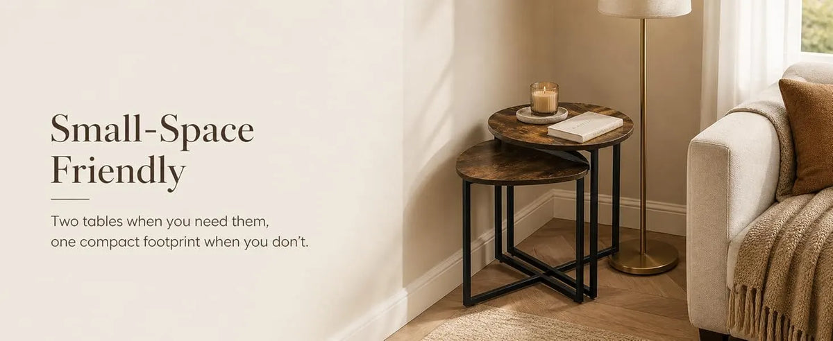 Nesting Side Tables Set of 2, Round End Tables with Rustic Brown Wood Look Top and Black Metal Frame, Space Saving Accent Coffee Tables for Living Room, Bedroom, Sofa Side, Bedside, Small Spaces - Image 9