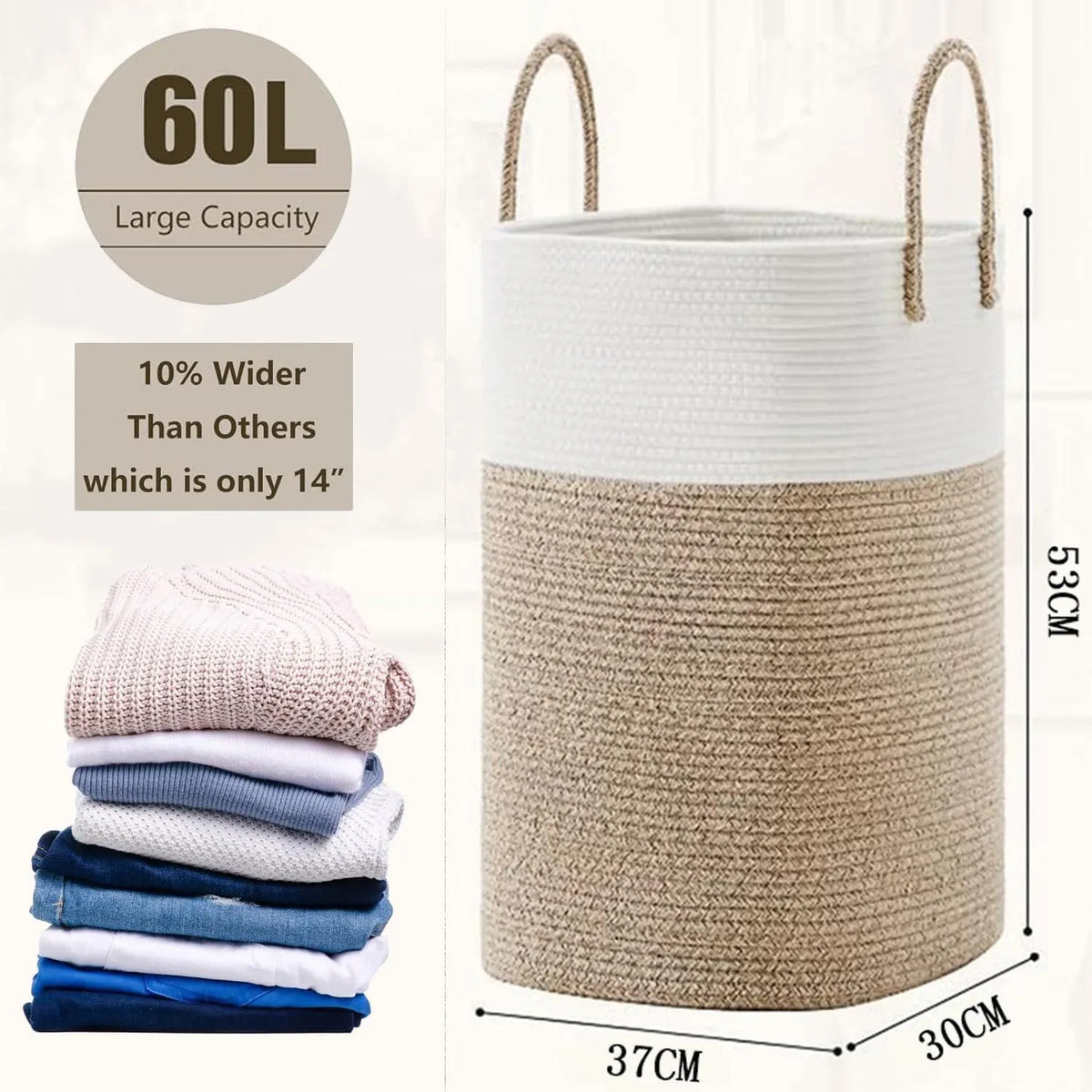 60L Cotton Rope Laundry Hamper Tall Woven Laundry Basket with Handles, Collapsible Clothes Hamper for Blankets Towels Laundry Storage Nursery Bedroom Bathroom Living Room - Image 2