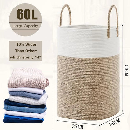 60L Cotton Rope Laundry Hamper Tall Woven Laundry Basket with Handles, Collapsible Clothes Hamper for Blankets Towels Laundry Storage Nursery Bedroom Bathroom Living Room - Image 2