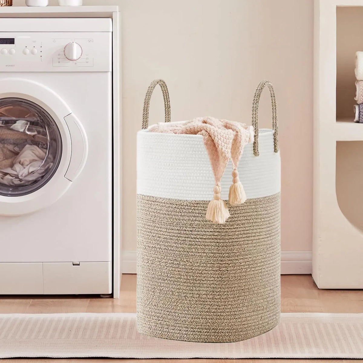 60L Cotton Rope Laundry Hamper Tall Woven Laundry Basket with Handles, Collapsible Clothes Hamper for Blankets Towels Laundry Storage Nursery Bedroom Bathroom Living Room - Image 3
