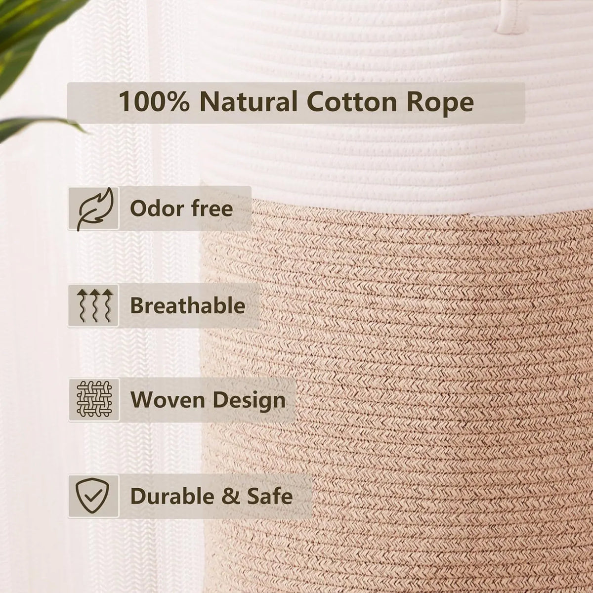 60L Cotton Rope Laundry Hamper Tall Woven Laundry Basket with Handles, Collapsible Clothes Hamper for Blankets Towels Laundry Storage Nursery Bedroom Bathroom Living Room - Image 5