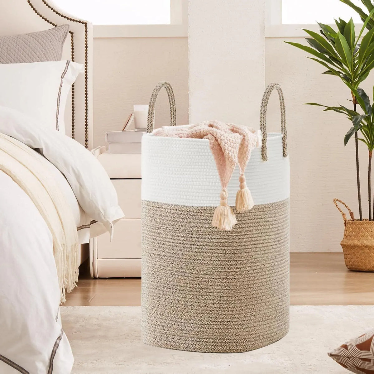 60L Cotton Rope Laundry Hamper Tall Woven Laundry Basket with Handles, Collapsible Clothes Hamper for Blankets Towels Laundry Storage Nursery Bedroom Bathroom Living Room - Image 6