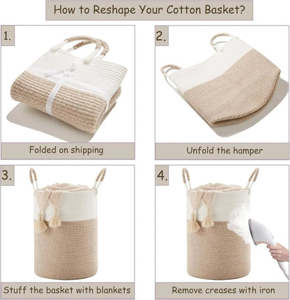 60L Cotton Rope Laundry Hamper Tall Woven Laundry Basket with Handles, Collapsible Clothes Hamper for Blankets Towels Laundry Storage Nursery Bedroom Bathroom Living Room - Image 7