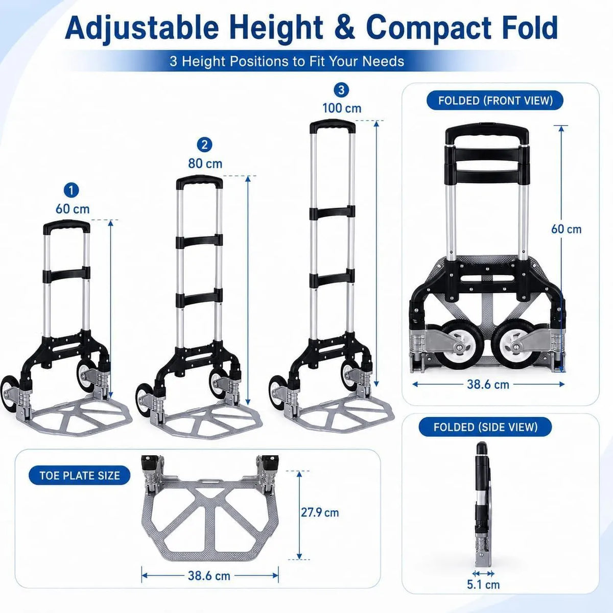 Folding Hand Truck, 1 Pack Portable Dolly Cart with Telescoping Handle, Lightweight Aluminum Alloy Foldable Hand Truck with Solid Rubber Wheels, Compact Moving Cart for Home, Office, Shopping, Travel - Image 2