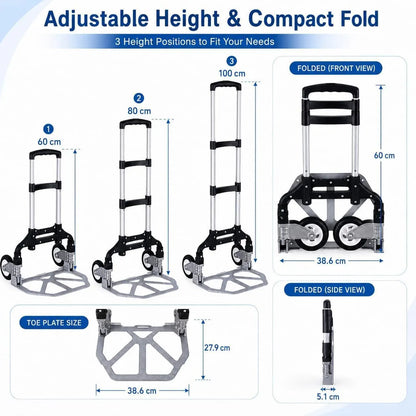 Folding Hand Truck, 1 Pack Portable Dolly Cart with Telescoping Handle, Lightweight Aluminum Alloy Foldable Hand Truck with Solid Rubber Wheels, Compact Moving Cart for Home, Office, Shopping, Travel - Image 2