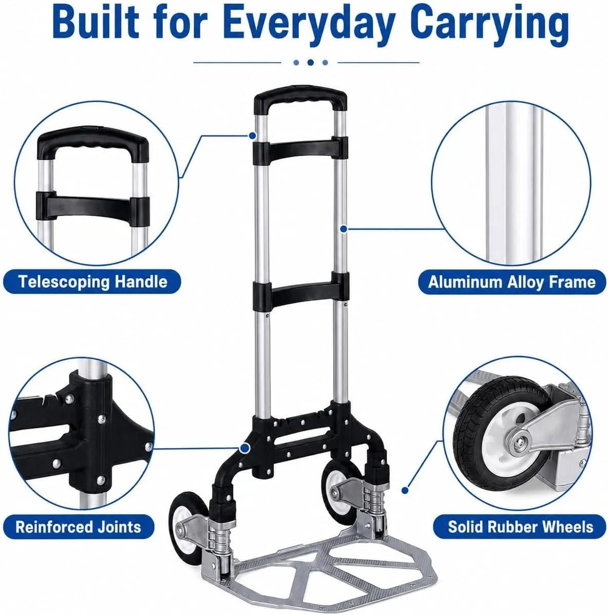 Folding Hand Truck, 1 Pack Portable Dolly Cart with Telescoping Handle, Lightweight Aluminum Alloy Foldable Hand Truck with Solid Rubber Wheels, Compact Moving Cart for Home, Office, Shopping, Travel - Image 3