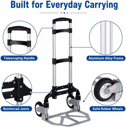 Folding Hand Truck, 1 Pack Portable Dolly Cart with Telescoping Handle, Lightweight Aluminum Alloy Foldable Hand Truck with Solid Rubber Wheels, Compact Moving Cart for Home, Office, Shopping, Travel - Image 3