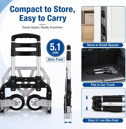 Folding Hand Truck, 1 Pack Portable Dolly Cart with Telescoping Handle, Lightweight Aluminum Alloy Foldable Hand Truck with Solid Rubber Wheels, Compact Moving Cart for Home, Office, Shopping, Travel - Image 4