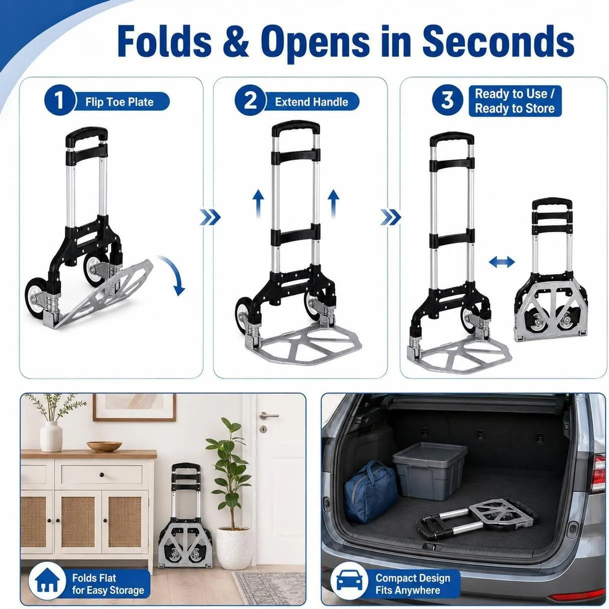 Folding Hand Truck, 1 Pack Portable Dolly Cart with Telescoping Handle, Lightweight Aluminum Alloy Foldable Hand Truck with Solid Rubber Wheels, Compact Moving Cart for Home, Office, Shopping, Travel - Image 5