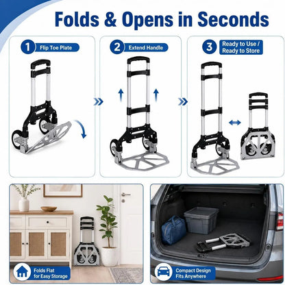 Folding Hand Truck, 1 Pack Portable Dolly Cart with Telescoping Handle, Lightweight Aluminum Alloy Foldable Hand Truck with Solid Rubber Wheels, Compact Moving Cart for Home, Office, Shopping, Travel - Image 5