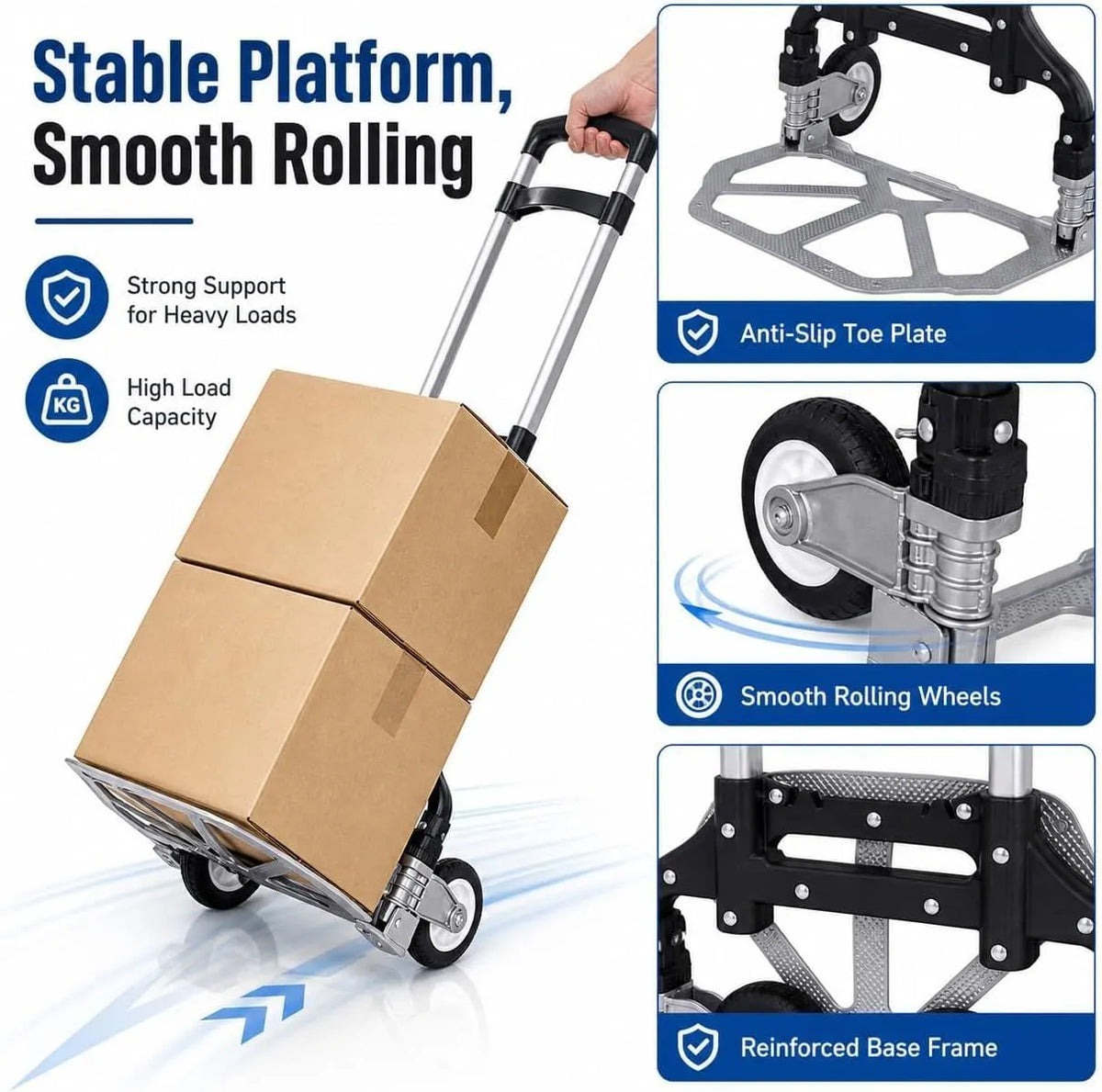 Folding Hand Truck, 1 Pack Portable Dolly Cart with Telescoping Handle, Lightweight Aluminum Alloy Foldable Hand Truck with Solid Rubber Wheels, Compact Moving Cart for Home, Office, Shopping, Travel - Image 7