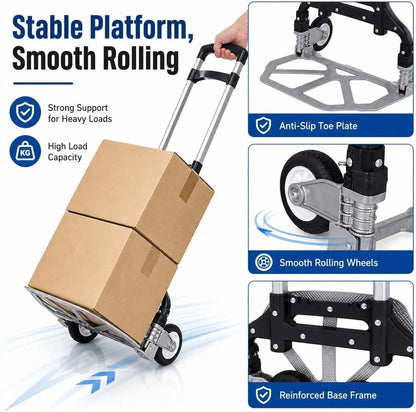 Folding Hand Truck, 1 Pack Portable Dolly Cart with Telescoping Handle, Lightweight Aluminum Alloy Foldable Hand Truck with Solid Rubber Wheels, Compact Moving Cart for Home, Office, Shopping, Travel - Image 7