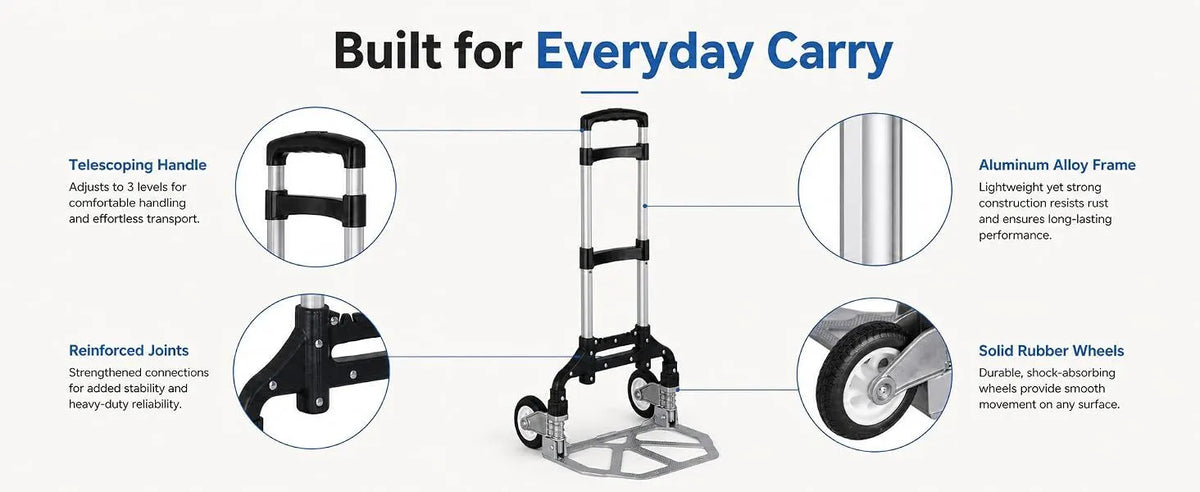 Folding Hand Truck, 1 Pack Portable Dolly Cart with Telescoping Handle, Lightweight Aluminum Alloy Foldable Hand Truck with Solid Rubber Wheels, Compact Moving Cart for Home, Office, Shopping, Travel - Image 9