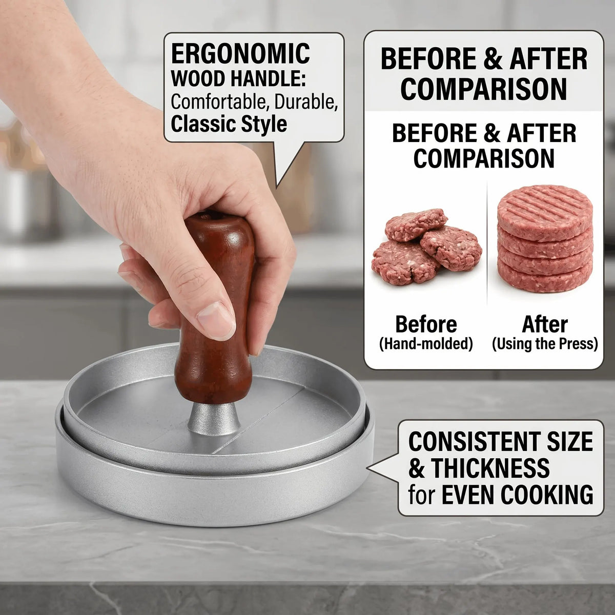 Professional 4.6-inch aluminum burger patty maker with ergonomic wooden handle, non-stick burger patty maker, suitable for grilling, heavy-duty manual patty press, suitable for beef, poultry and veggie burgers, easy-to-clean outdoor grill pan. - Image 2