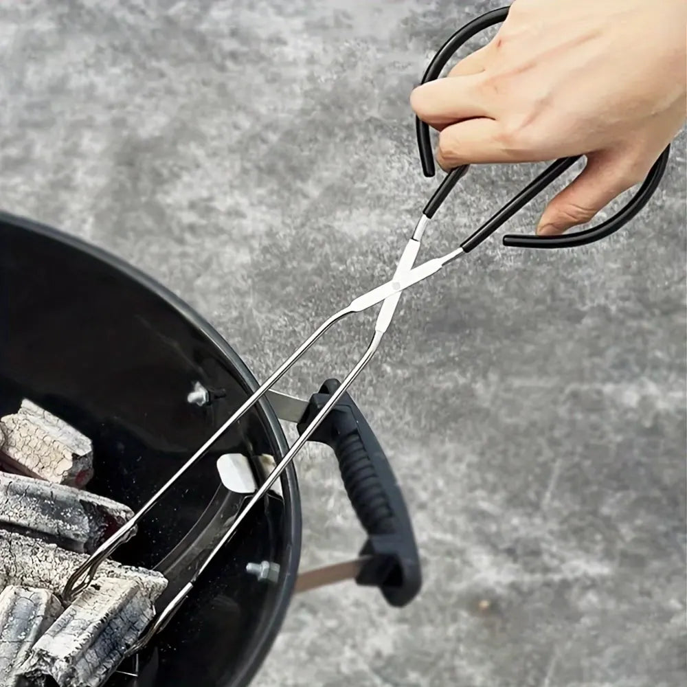 Long, sturdy, and heat-resistant charcoal tongs for grilling food. Made of stainless steel, these portable tongs are suitable for outdoor grilling, charcoal, and fire pits.