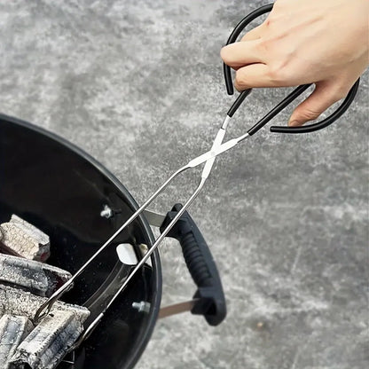 Long, sturdy, and heat-resistant charcoal tongs for grilling food. Made of stainless steel, these portable tongs are suitable for outdoor grilling, charcoal, and fire pits.