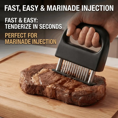 Heavy-duty meat tenderizer with 48 stainless steel needles and a locking mechanism – suitable for tenderizing steaks, beef, pork, turkey, fish, and poultry. Can be used with marinades. The black ABS handle is designed for professional kitchens.