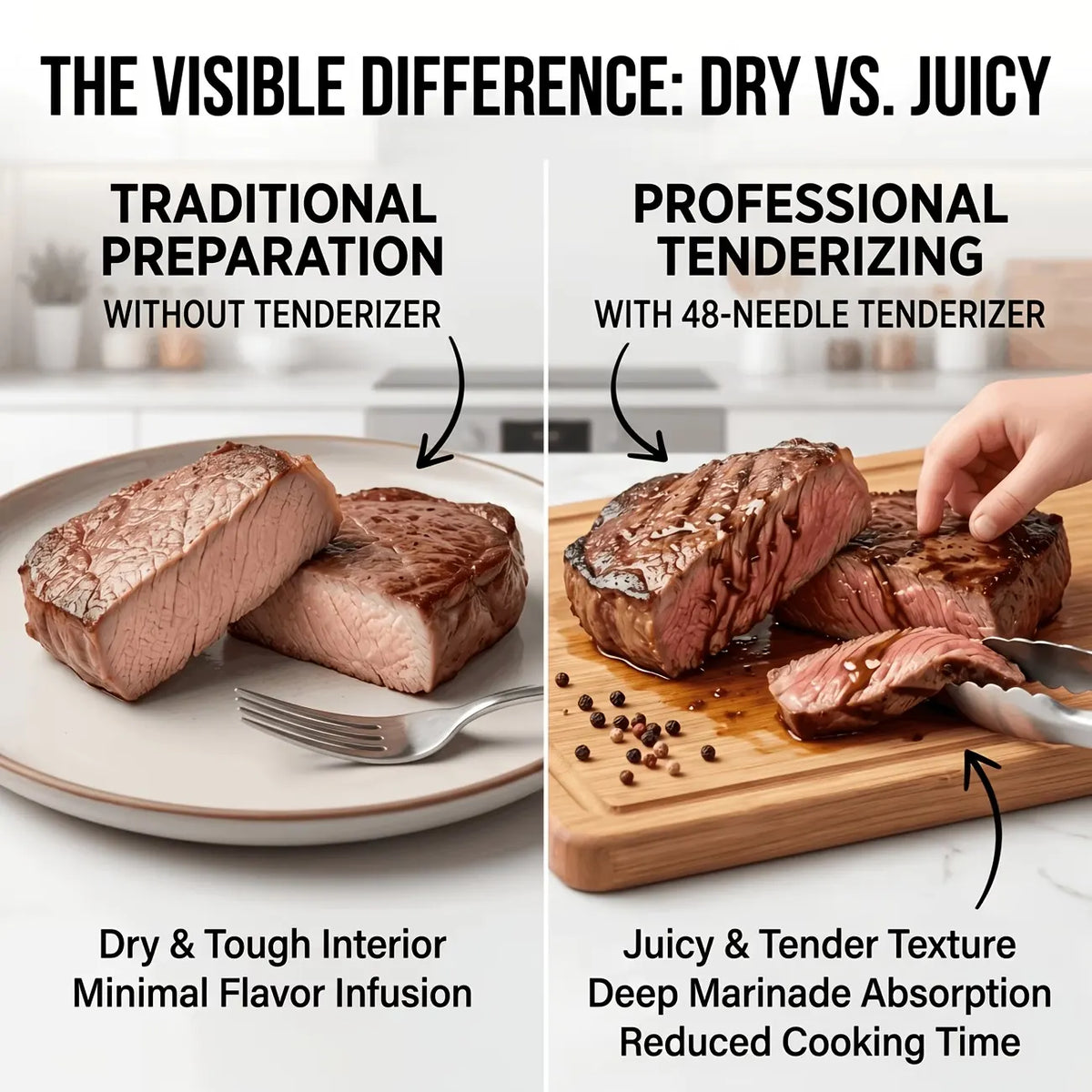 Heavy-duty meat tenderizer with 48 stainless steel needles and a locking mechanism – suitable for tenderizing steaks, beef, pork, turkey, fish, and poultry. Can be used with marinades. The black ABS handle is designed for professional kitchens. - Image 2