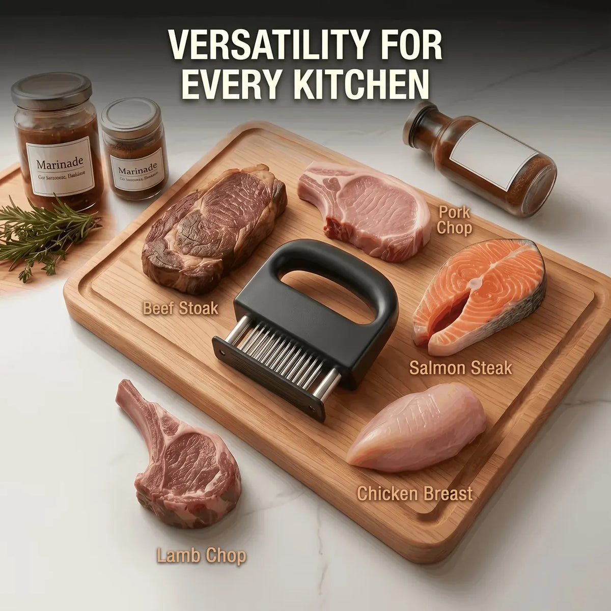 Heavy-duty meat tenderizer with 48 stainless steel needles and a locking mechanism – suitable for tenderizing steaks, beef, pork, turkey, fish, and poultry. Can be used with marinades. The black ABS handle is designed for professional kitchens. - Image 3