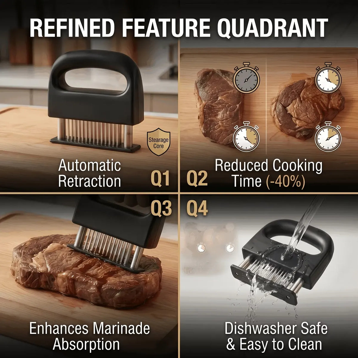 Heavy-duty meat tenderizer with 48 stainless steel needles and a locking mechanism – suitable for tenderizing steaks, beef, pork, turkey, fish, and poultry. Can be used with marinades. The black ABS handle is designed for professional kitchens. - Image 4