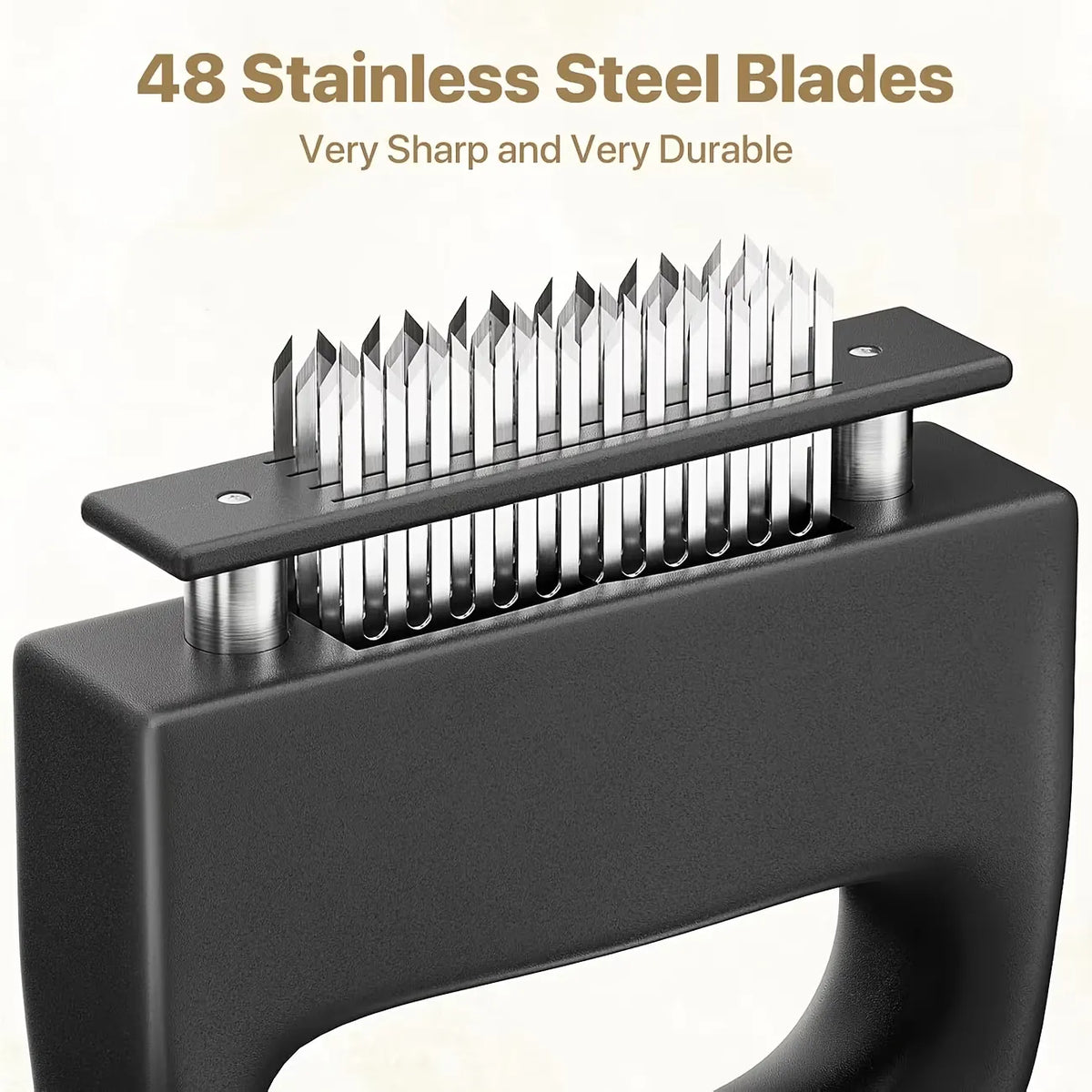 Heavy-duty meat tenderizer with 48 stainless steel needles and a locking mechanism – suitable for tenderizing steaks, beef, pork, turkey, fish, and poultry. Can be used with marinades. The black ABS handle is designed for professional kitchens. - Image 6