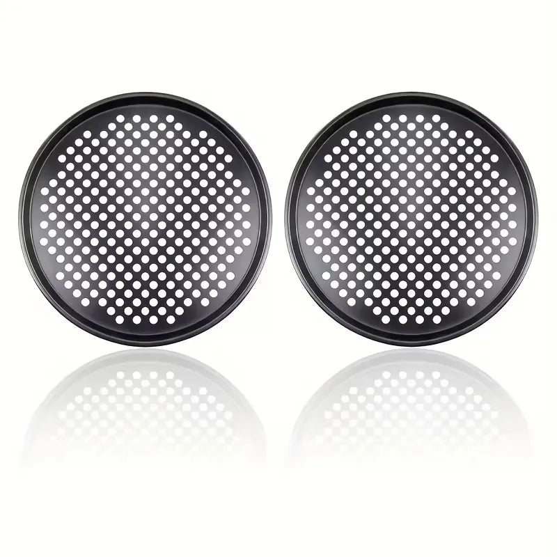 Two pizza baking pans, each 30.48 cm in diameter, feature ventilation holes for improved cooking efficiency and a non-stick coating, making them ideal for oven use. - Image 2