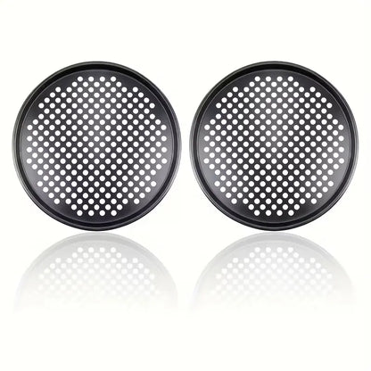 Two pizza baking pans, each 30.48 cm in diameter, feature ventilation holes for improved cooking efficiency and a non-stick coating, making them ideal for oven use. - Image 2