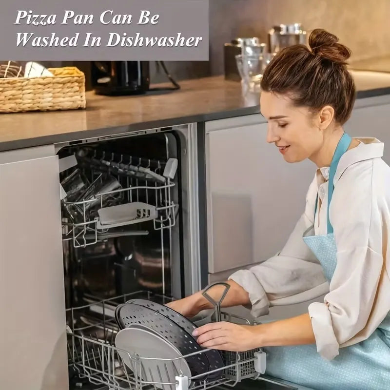 Two pizza baking pans, each 30.48 cm in diameter, feature ventilation holes for improved cooking efficiency and a non-stick coating, making them ideal for oven use. - Image 4