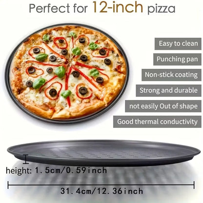 Two pizza baking pans, each 30.48 cm in diameter, feature ventilation holes for improved cooking efficiency and a non-stick coating, making them ideal for oven use. - Image 5