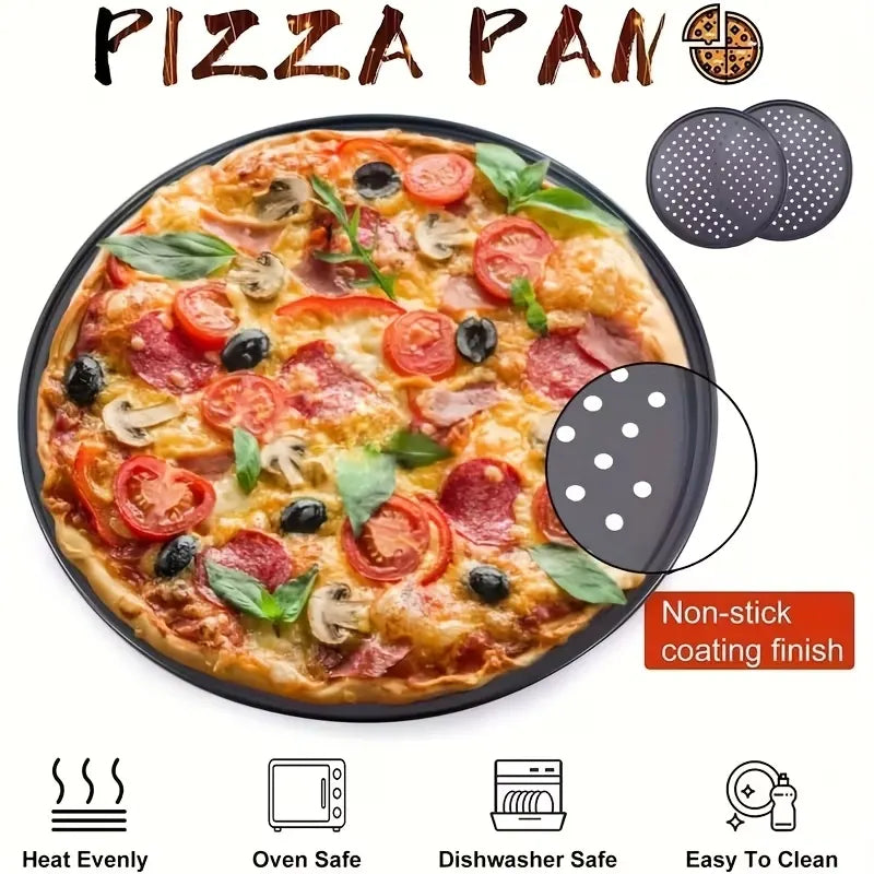 Two pizza baking pans, each 30.48 cm in diameter, feature ventilation holes for improved cooking efficiency and a non-stick coating, making them ideal for oven use. - Image 8