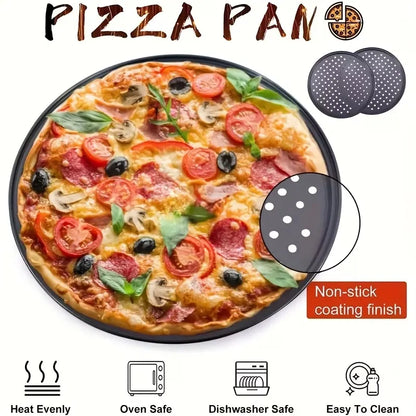 Two pizza baking pans, each 30.48 cm in diameter, feature ventilation holes for improved cooking efficiency and a non-stick coating, making them ideal for oven use. - Image 8