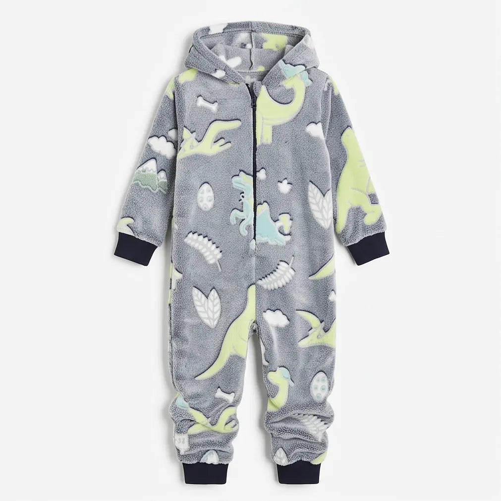 Kids Hooded Onesie - Coral Fleece 220 GSM - Grey Dinosaur - Unisex Size 4