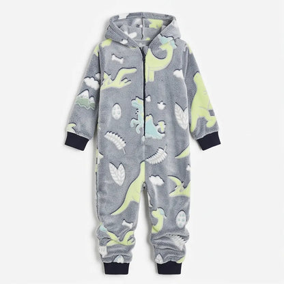 Kids Hooded Onesie - Coral Fleece 220 GSM - Grey Dinosaur - Unisex Size 4