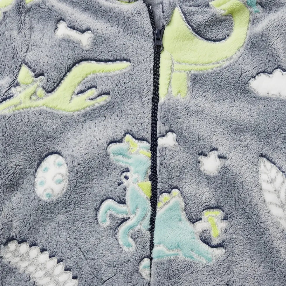 Kids Hooded Onesie - Coral Fleece 220 GSM - Grey Dinosaur - Unisex Size 4 - Image 2